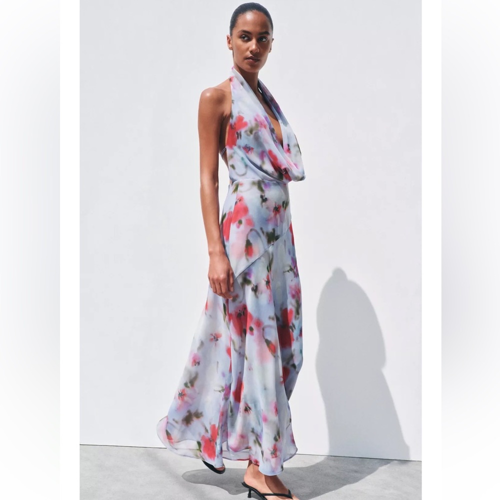 ZARA Women’s PRINTED MIDI HALTER DRESS Floral Like Print Wedding Guest XL